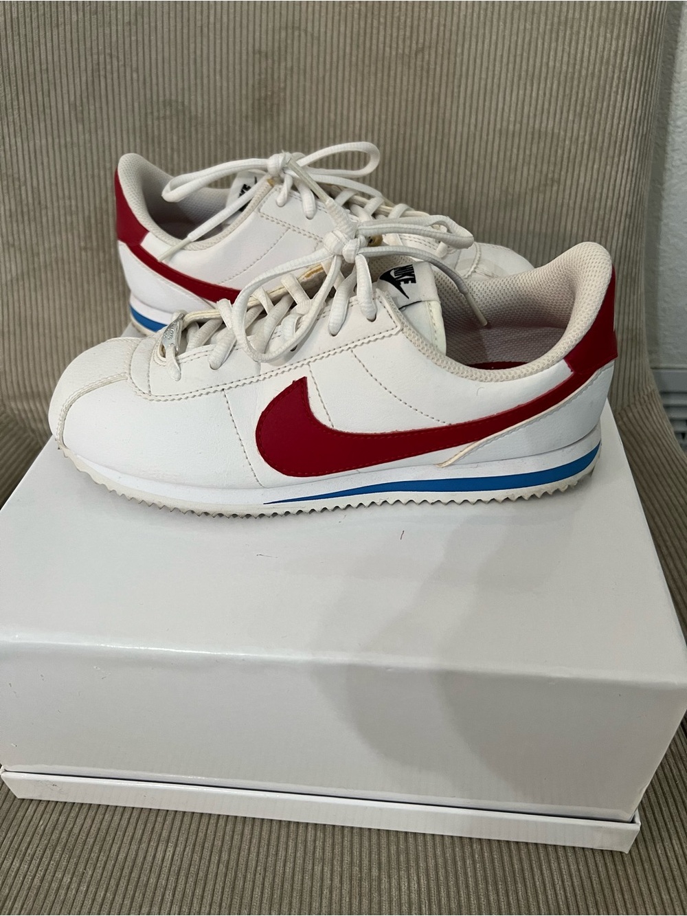 Nike White Sneakers with Red Swoosh and Blue Midsole Stripe